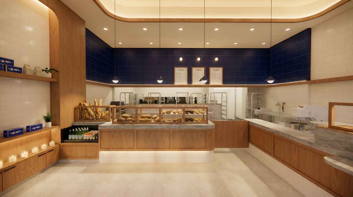Levain Bakery service counter with pastry case, marble surfaces, blue tile walls, and menu boards
