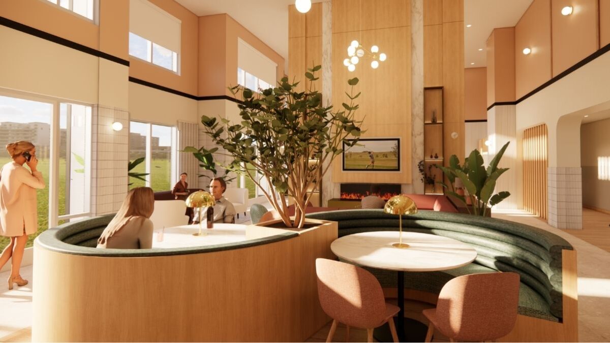 Modern multifamily clubroom with curved green banquette seating, indoor trees, double-height windows, and fireplace