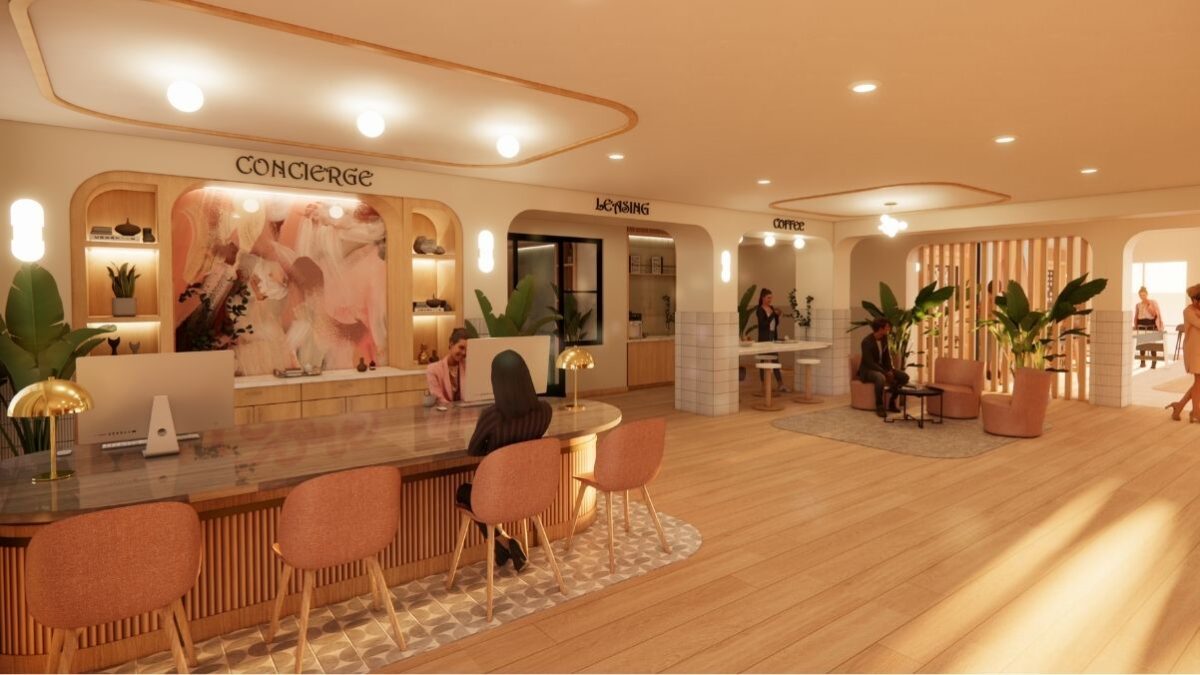 Apartment lobby with concierge desk, leasing area, coffee station, and warm wood finishes