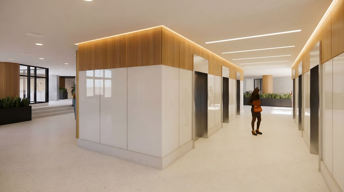 Lobby rendering at Boro Station Tysons VA showing round planter seating, reception desk and wood slats”