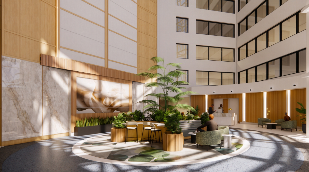 Lobby rendering at Boro Station Tysons VA showing round planter seating, reception desk and wood slats”