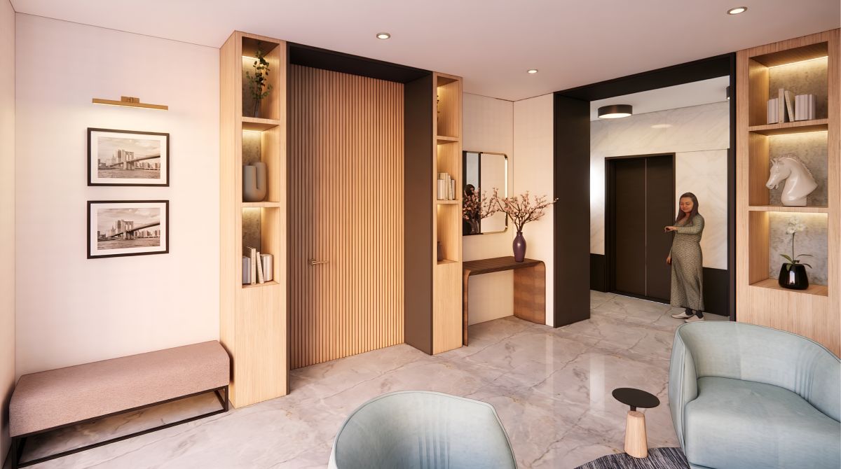 Cavendish hallway renovation with natural finishes and amenity seating in Arlington VA