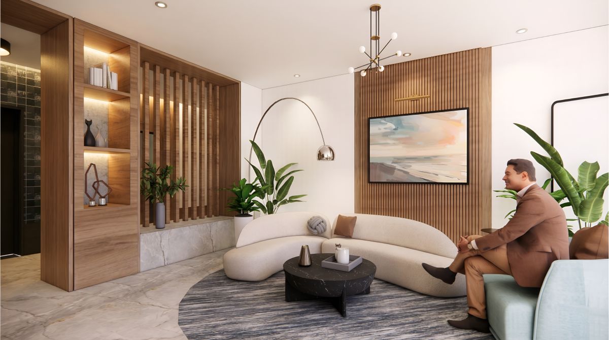 Cavendish lobby in Arlington VA with warm wood tones and refined finishes