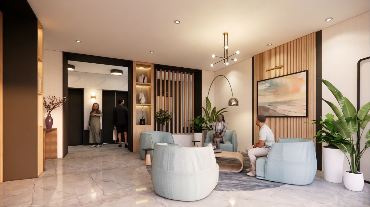 Cavendish lobby in Arlington VA featuring natural tones, wood elements and organic forms