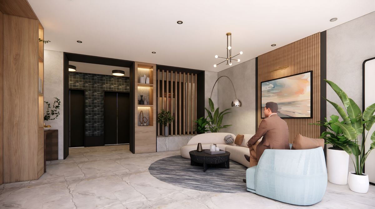 Cavendish hallway & Lobby design with warm wood accents and sculptural lighting in Arlington VA”