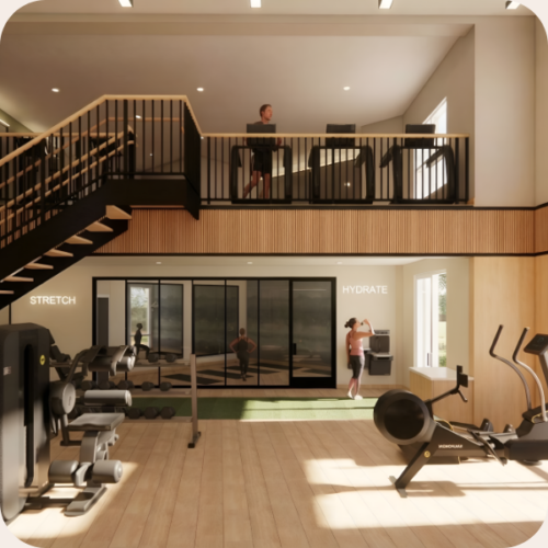 Fitness and wellness interior design with spa‑like relaxation area and modern gym equipment