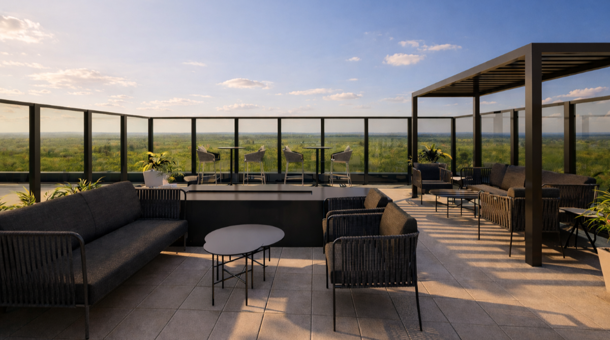 Bolden clubroom rooftop lounge at The Boro Tysons VA with sofas, pergola and panoramic views