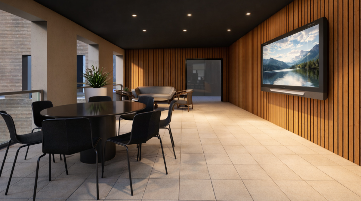 Rise covered rooftop lounge at The Boro Tysons VA with dining table, sofa and wood slat walls